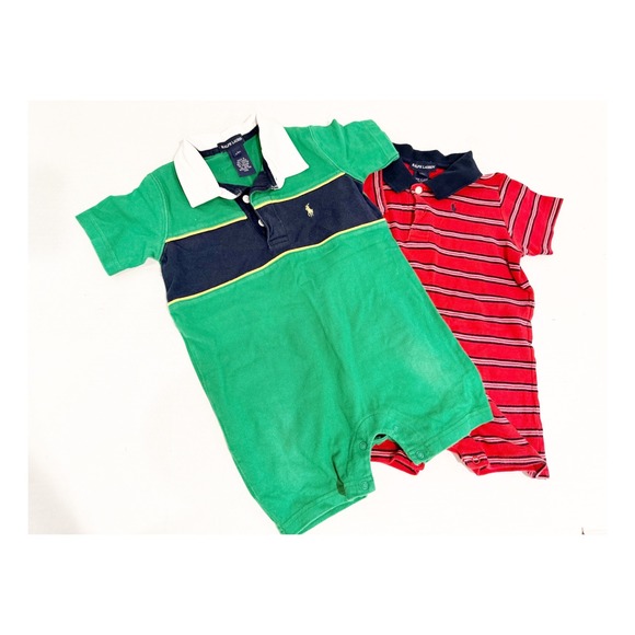 Ralph Lauren Other - Ralph Lauren Baby Boy Romper Lot 2pk Green Red Stripe Polo 12-18M 18-24M Cotton